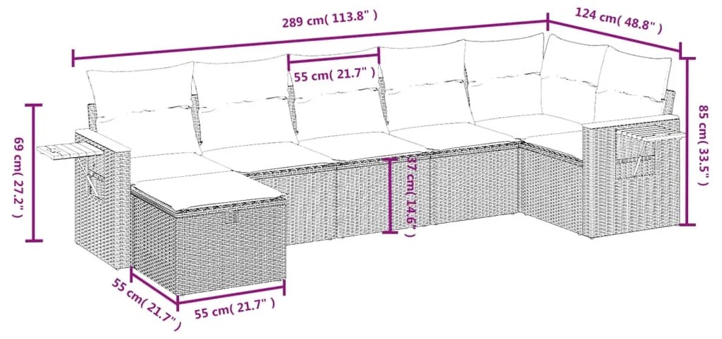 vidaXL Καναπές Σετ 7 Τεμαχίων Μαύρο Συνθετικό Ρατάν με Μαξιλάρια