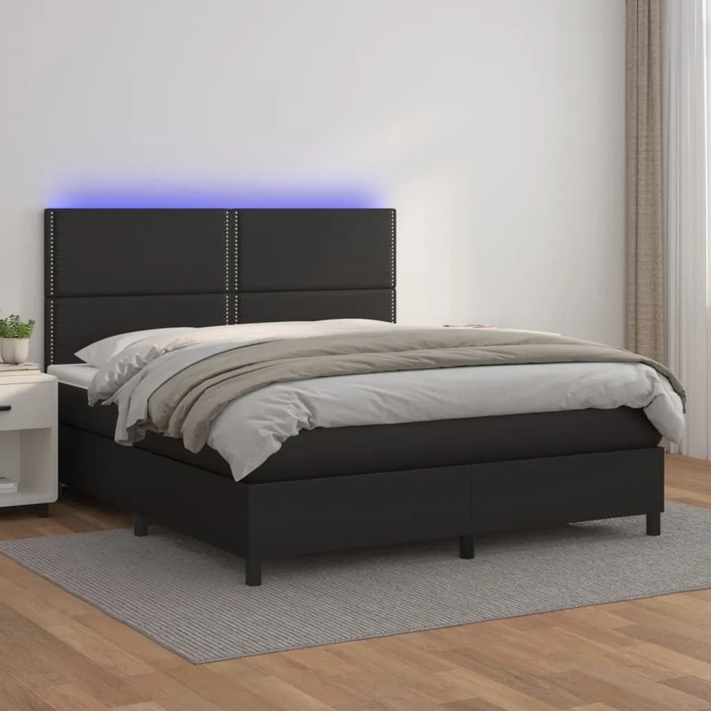 Κρεβάτι Boxspring με Στρώμα &amp; LED Μαύρο 180x200 εκ. Συνθ. Δέρμα - Μαύρο