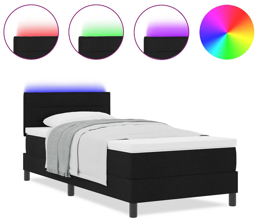 vidaXL Κρεβάτι Box Spring  με στρώμα & LED Μαύρο 90x200 εκ Υφασμάτινο