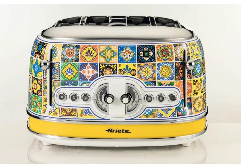 Τοστιέρα ψωμιού Ariete Positano 0156/0P, 1600W, 4 φέτες, 3 λειτουργίες, 6 στάδια, Κινητός δίσκος για ψίχουλα, Λευκό/κίτρινο
