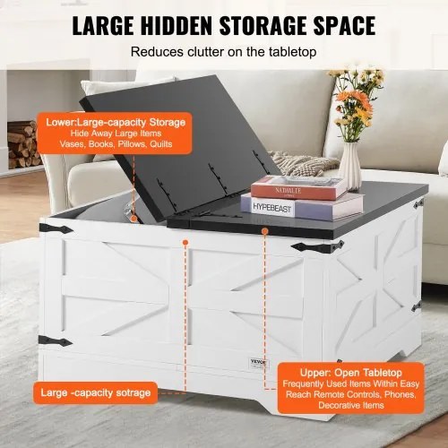 VEVOR 31.5" Farmhouse Coffee Table Hinged Square Table with Storage Gray &amp; White