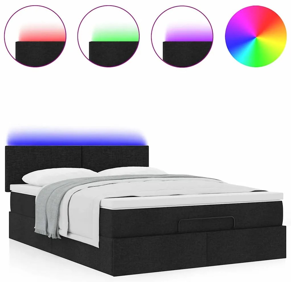 vidaXL Οθωμανικό κρεβάτι με στρώμα & LEDs Μαύρο 140x200 cm Ύφασμα