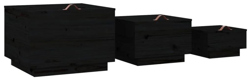 Κουτιά Αποθήκευσης με Καπάκια 3 τεμ.Μαύρο από άσπρο Ξύλο Πεύκου - Μαύρο