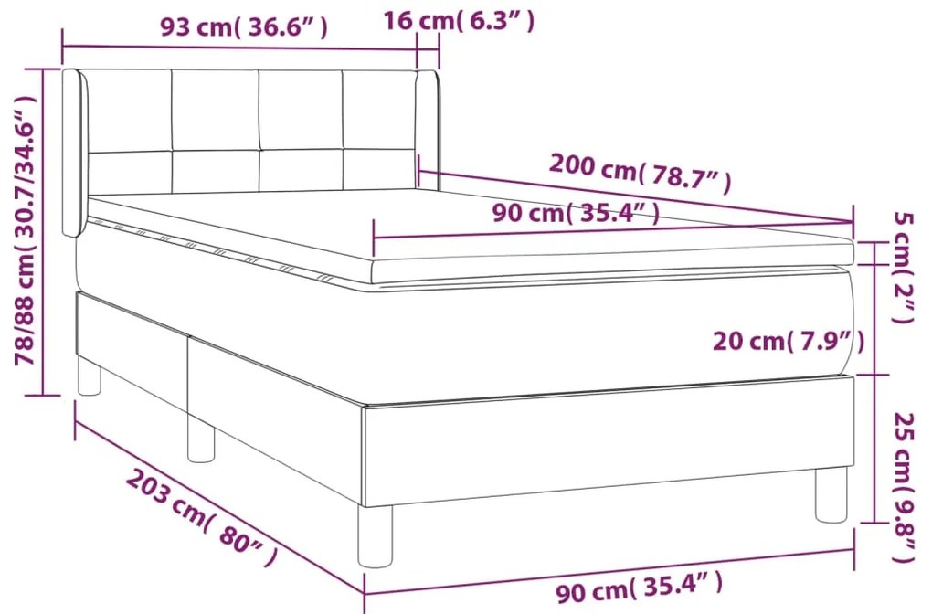 vidaXL Κρεβάτι Boxspring με Στρώμα Ανοιχτό Γκρι 90x200 εκ. Υφασμάτινο
