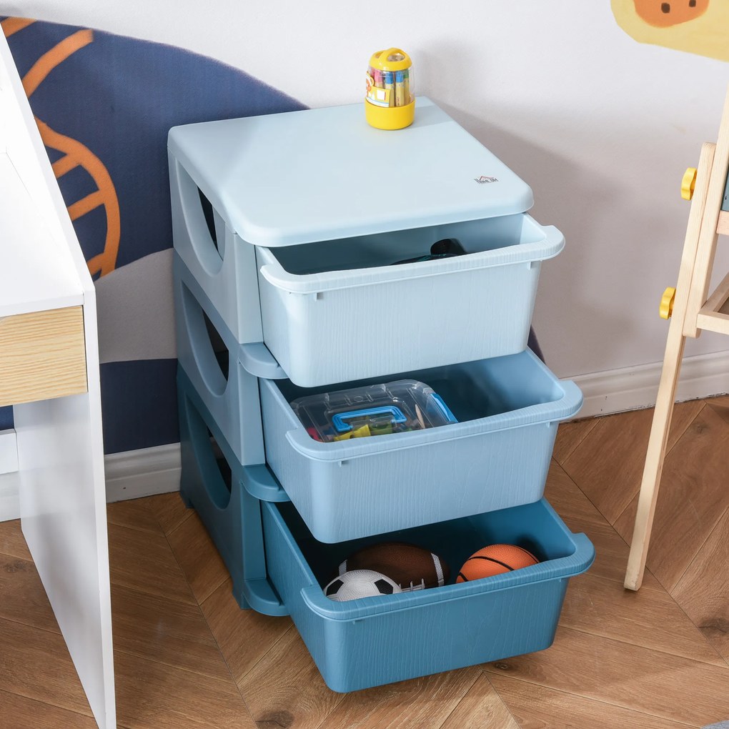 HOMCOM Κουτιά αποθήκευσης για παιδιά, 3 συρτάρια, στρογγυλεμένες άκρες, υπερυψωμένο σχέδιο, 37x37x56,5 cm, Μπλε