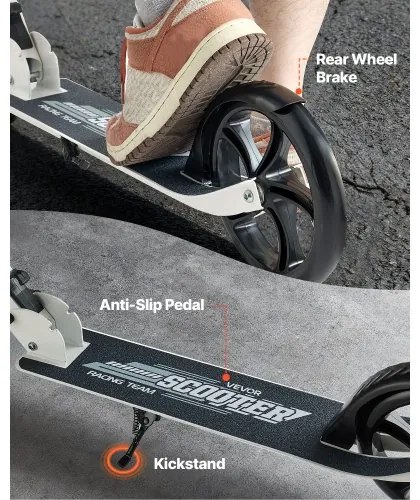 VEVOR Kick Scooter for Kids Ages 8+, Teens &amp; Adults, 2-Wheel Toddler Scooter with Adjustable Height Handlebar, Wide Anti-Slip Deck, Foldable Lightweight for Boys &amp; Girls up to 99.8 kg, White + Black