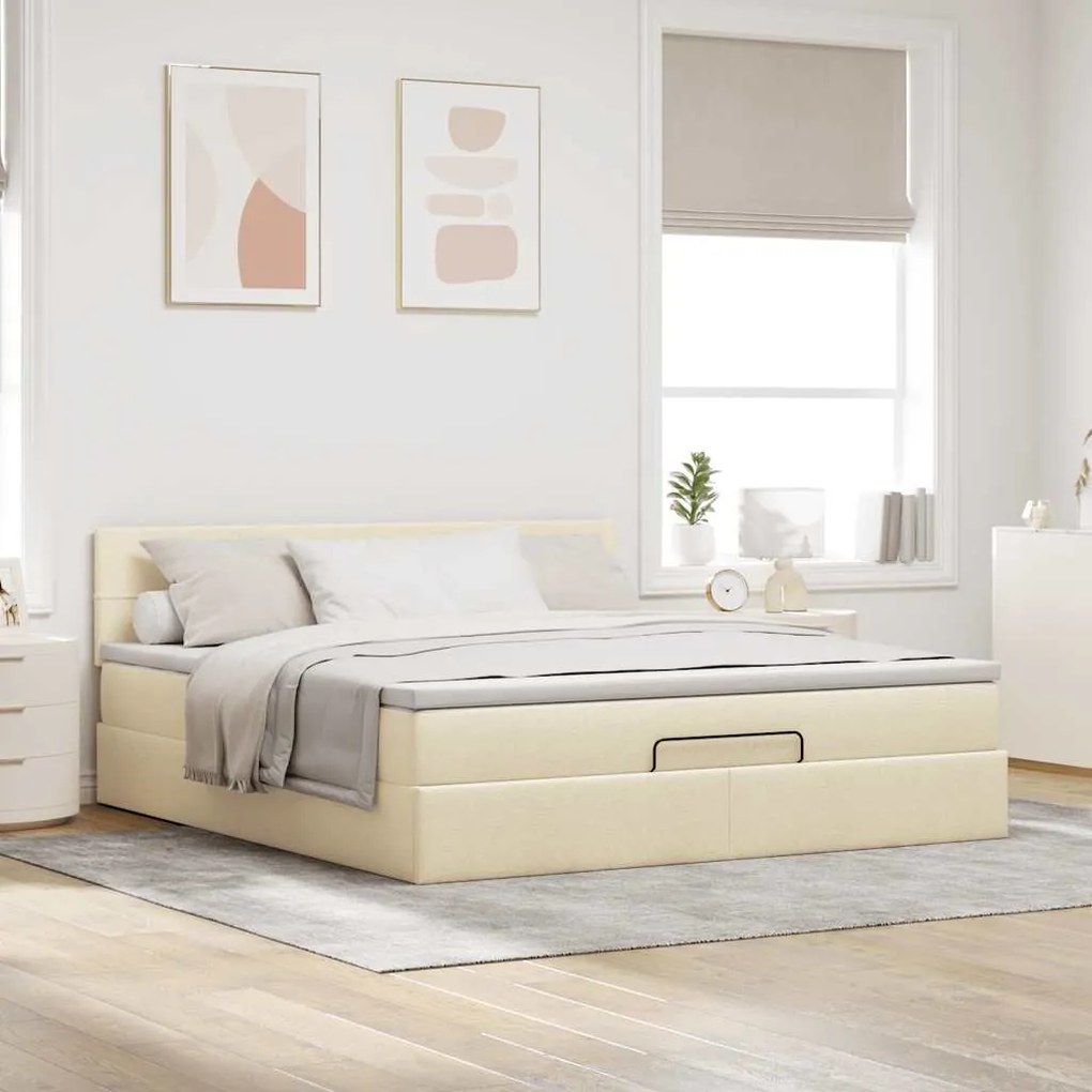 vidaXL Οθωμανικό κρεβάτι με στρώμα & LEDs Cream 160x200cm ύφασμα