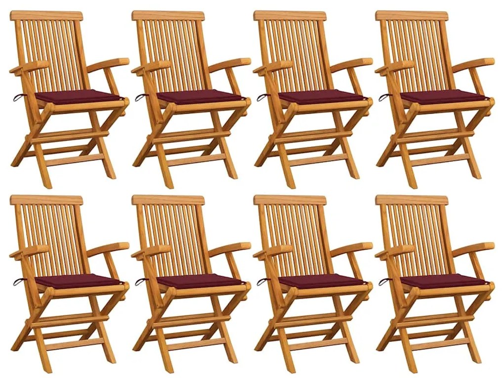 vidaXL Καρέκλες Κήπου 8 τεμ. από Μασίφ Ξύλο Teak με Μπορντό Μαξιλάρια