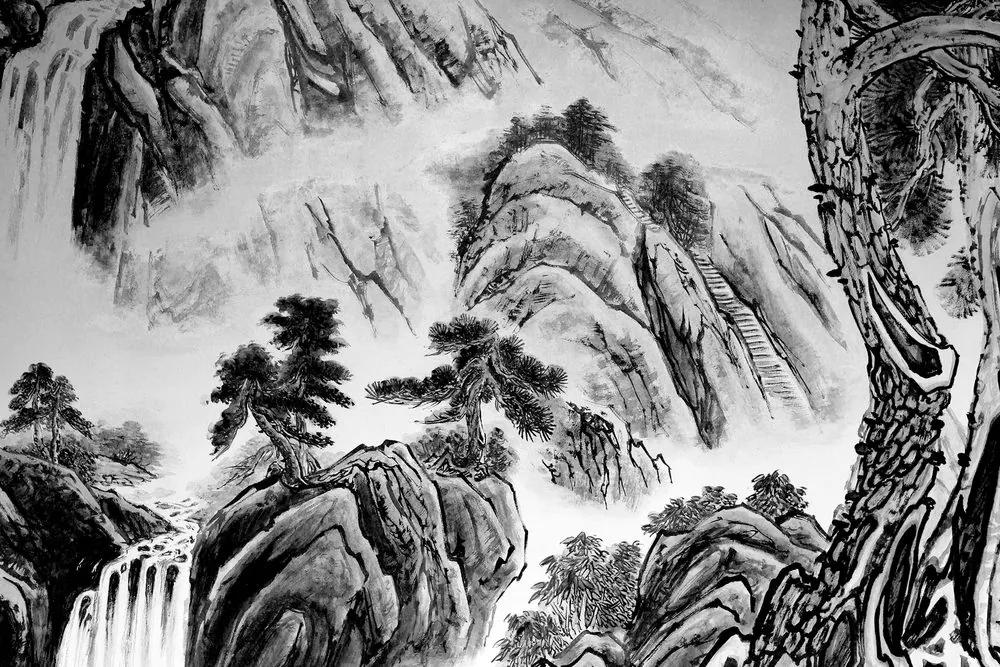 Εικόνα κινεζικής ζωγραφικής τοπίων σε ασπρόμαυρο