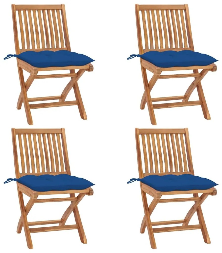 Καρέκλες Κήπου Πτυσσόμενες 4 τεμ. Μασίφ Ξύλο Teak με Μαξιλάρια - Μπλε