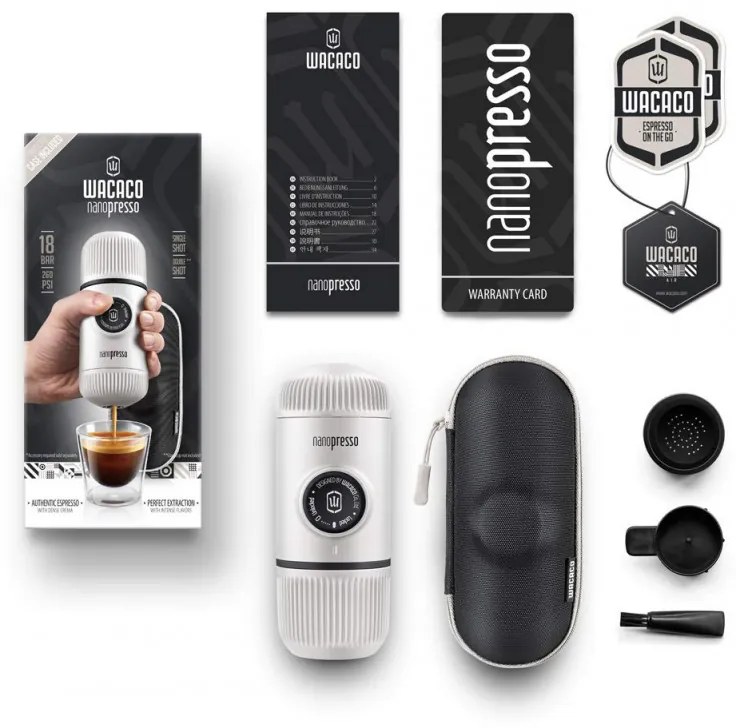 Φορητή μηχανή εσπρέσο Wacaco Nanopresso Chill White, 18bar, 80 ml, Για αλεσμένο καφέ, Δεν χρειάζεται φόρτιση ή μπαταρίες, Θήκη μεταφοράς, Λευκό