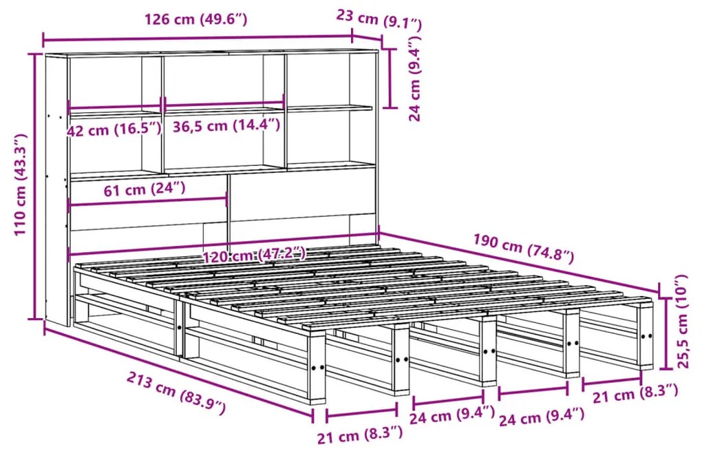 Κρεβάτι Βιβλιοθήκη Χωρίς Στρώμα Καφέ 120x190 εκ Μασίφ Πεύκο - Καφέ