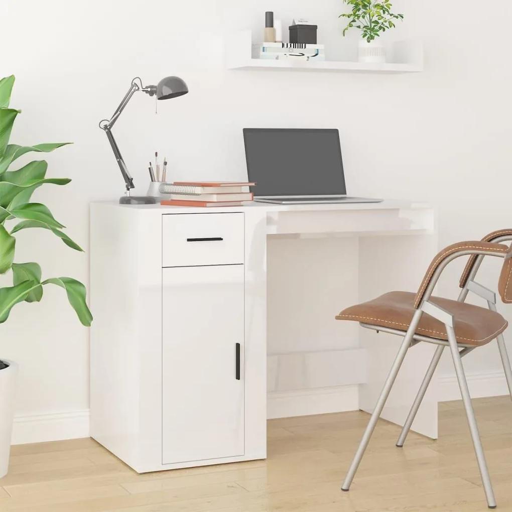 Γραφείο με Ντουλάπι Γυαλιστερό Λευκό από Επεξεργασμένο Ξύλο - Λευκό