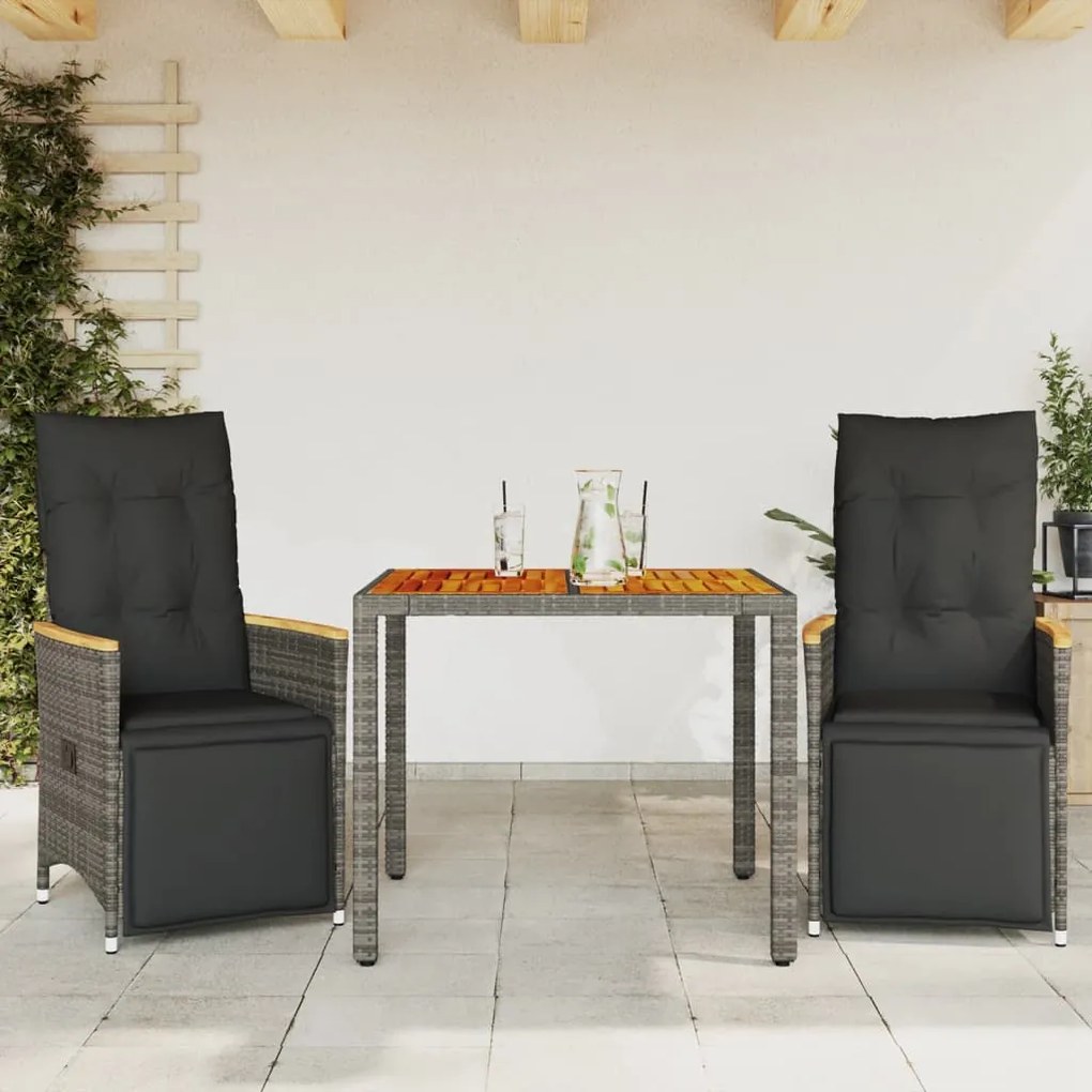 vidaXL Σετ Επίπλων Bistro Κήπου 3 τεμ Γκρι Συνθετ. Ρατάν με Μαξιλάρια