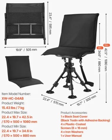 VEVOR Hunting Chair 360° Swivel Folding Blind Chair Adjustable Legs Seat Cover