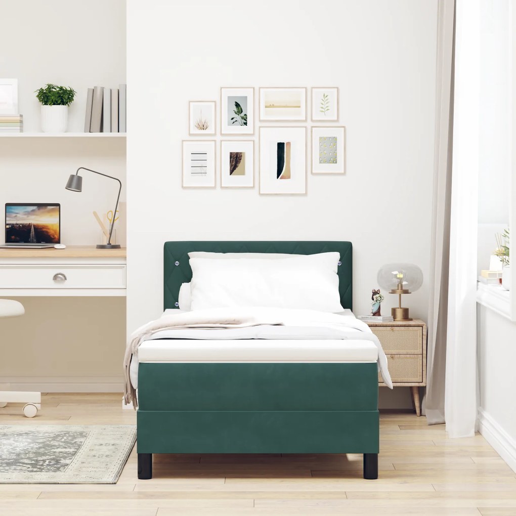 vidaXL Κρεβάτι Box Spring με Στρώμα & LED Σκούρο Πράσινο 90x200 εκ Βελούδο