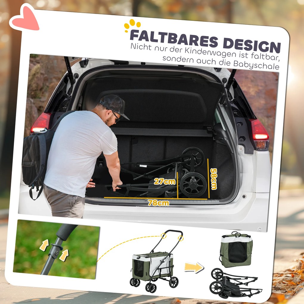 Καρότσι για σκύλους PawHut, καρότσι για κατοικίδια, πτυσσόμενο, αποσπώμενο καλάθι, 81 x 58 x 97,5 cm, Μαύρο+Σκούρο πράσινο+Λευκό