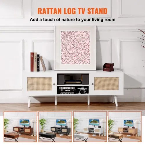 VEVOR Rattan TV Stand for 65&quot; TV Boho TV Stand with Build-in Socket White