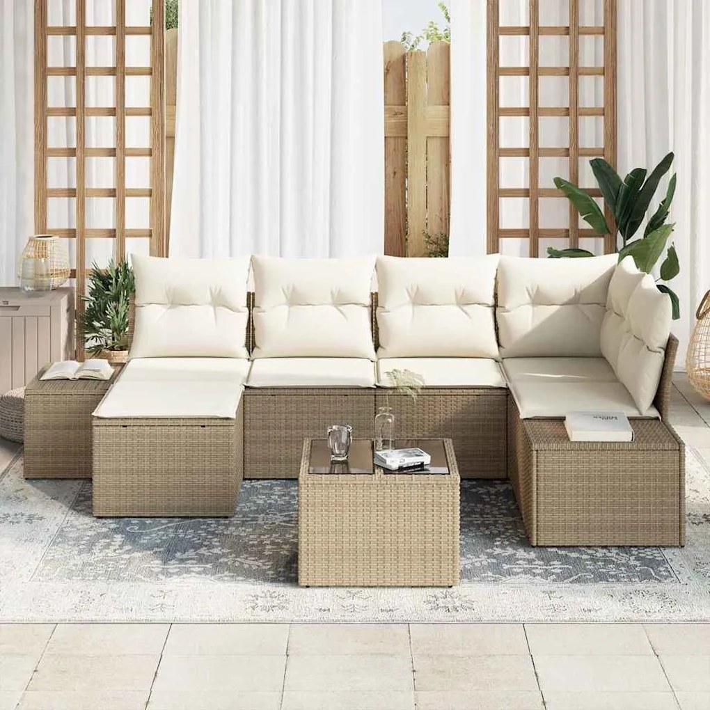 vidaXL Σετ Καναπέ Κήπου με μαξιλάρι 7 pcs Μπεζ και κρεμ Πολυ ράταν