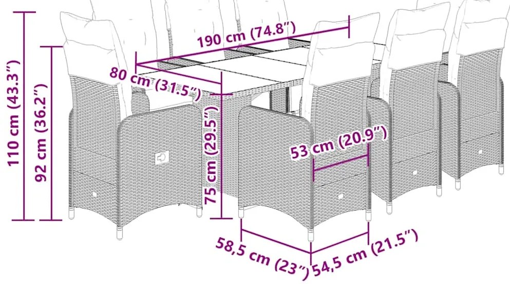 vidaXL Σετ Επίπλων Bistro Κήπου 9 τεμ. Γκρι Συνθετ. Ρατάν με Μαξιλάρια