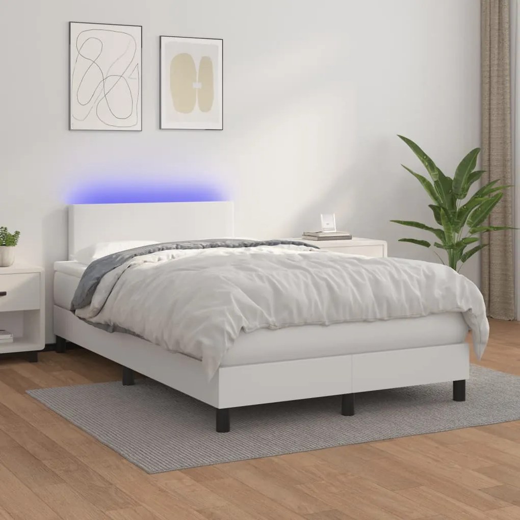 vidaXL Κρεβάτι Boxspring με Στρώμα & LED Λευκό 120x190 εκ. Συνθ. Δέρμα