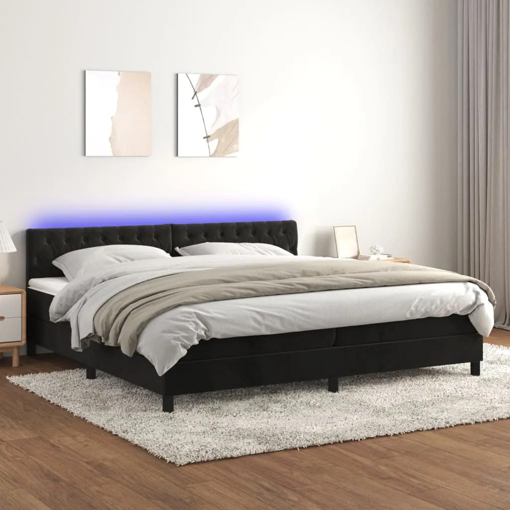 Κρεβάτι Boxspring με Στρώμα &amp; LED Μαύρο 200x200 εκ. Βελούδινο