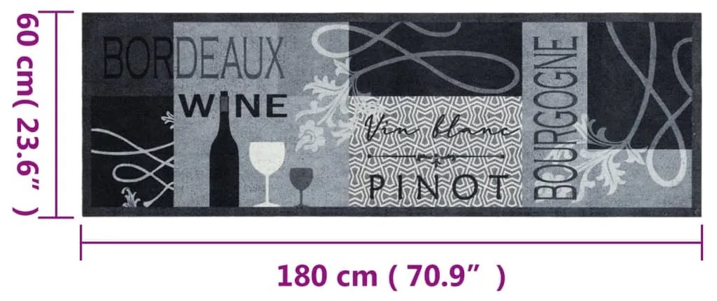 vidaXL Χαλί Κουζίνας Πλενόμενο Γκρι Επιγραφή Wine 60x180 εκ. Βελούδο