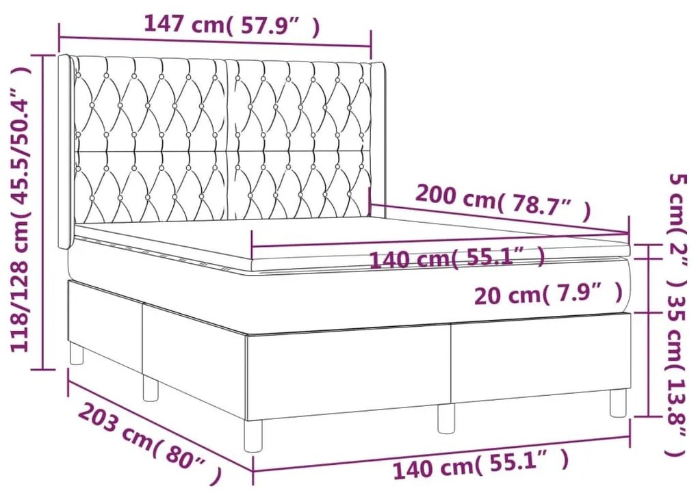 Κρεβάτι Boxspring με Στρώμα &amp; LED Σκ.Γκρι 140x200 εκ Υφασμάτινο - Γκρι