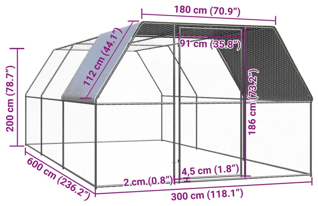 vidaXL Κοτέτσι - Κλουβί Εξωτ. Χώρου 3x6x2 μ. από Γαλβανισμένο Χάλυβα