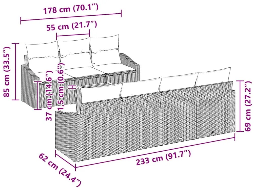 vidaXL Σετ Καναπέ Κήπου με μαξιλάρι 8 pcs Μαύρο Πολυ ράταν