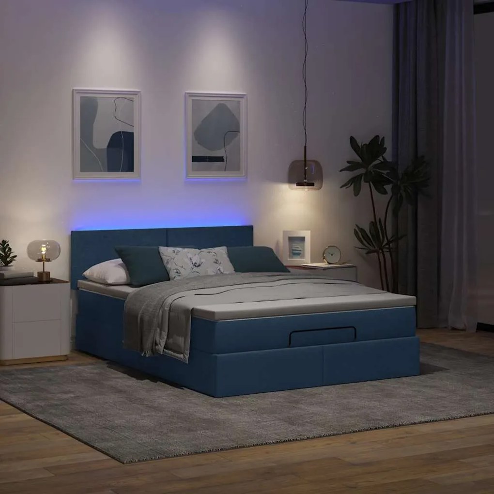 vidaXL Οθωμανικό κρεβάτι με στρώμα & LEDs Μπλε 140x190cm Ύφασμα