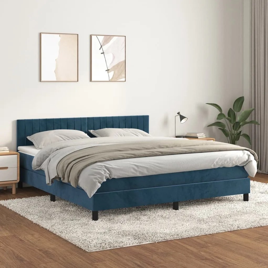 Κρεβάτι Boxspring με Στρώμα Σκούρο Μπλε 160x200 εκ. Βελούδινο - Μπλε