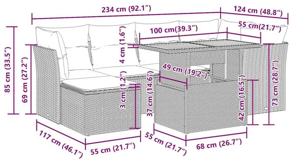 Καναπές Σετ 7 Τεμαχίων Μαύρο Συνθετικό Ρατάν με Μαξιλάρια - Μαύρο