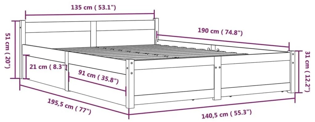 Πλαίσιο Κρεβατιού Με Συρτάρια Λευκό 135 x 190 εκ. Double - Λευκό