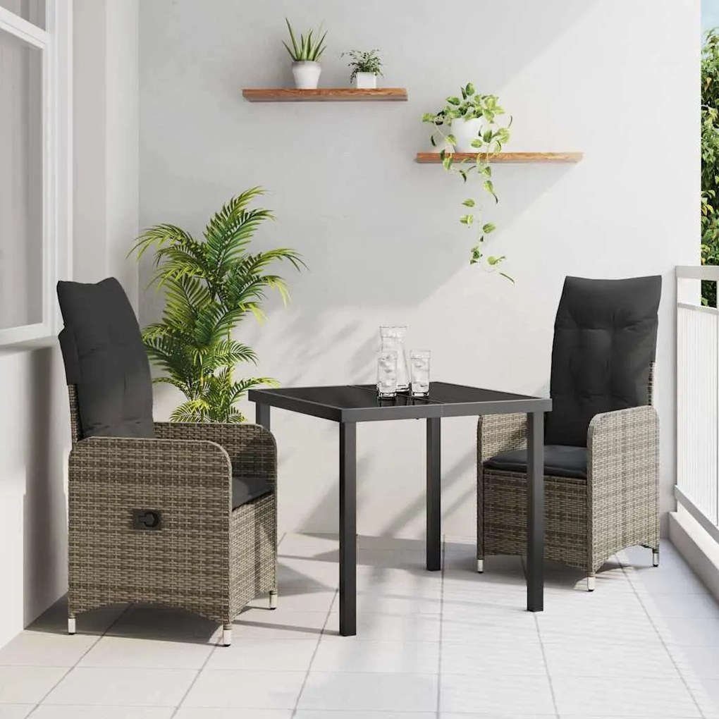 vidaXL Σέτ φαγητού για κήπο με μαξιλάρι 3 pcs Γκρι Πολυ ράταν