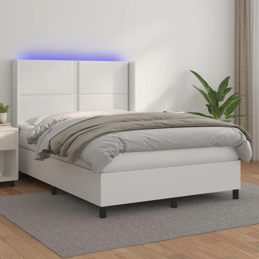 vidaXL Κρεβάτι Boxspring με Στρώμα & LED Λευκό 140x190 εκ. Συνθ. Δέρμα