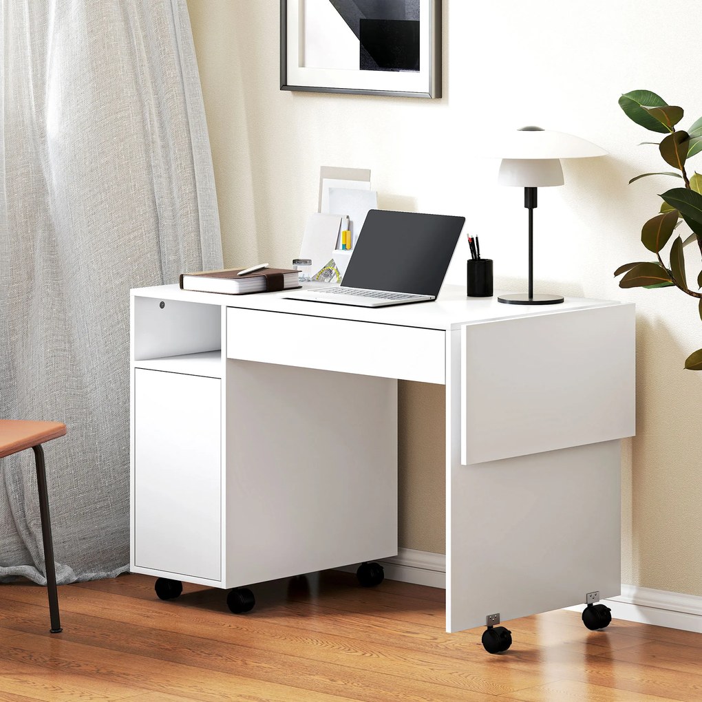 HOMCOM Rolling Computer Desk, Foldable Desk with Cabinet and Drawer, Particleboard, White