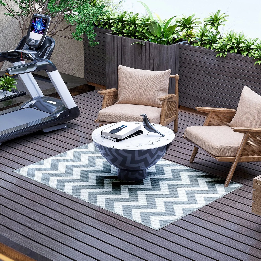 Outsunny Εξωτερικό Χαλί, Αδιάβροχο, Διπλής Όψης, Υψηλής Ποιότητας Συνθετική Ίνα, Ανοιχτό Γκρι+Λευκό, 121 x 182 εκ.