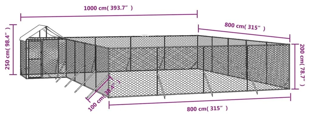 vidaXL Κλουβί Σκύλου Εξ. Χώρου με Οροφή Ασημί 10x8x2,5 μ. Γαλβ. Ατσάλι