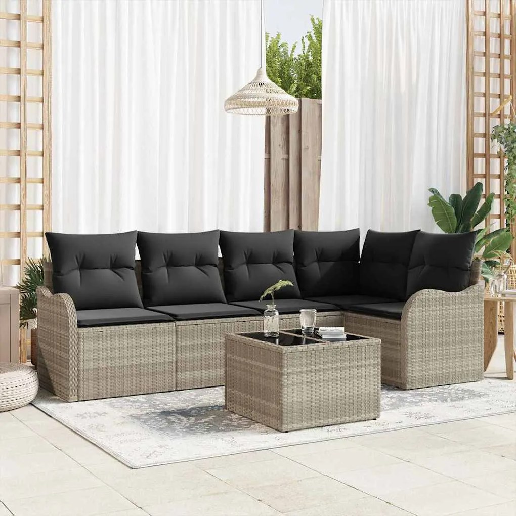 vidaXL Σετ Καναπέ Κήπου με μαξιλάρι 6 pcs Ανοιχτό γκρι Πολυ ράταν