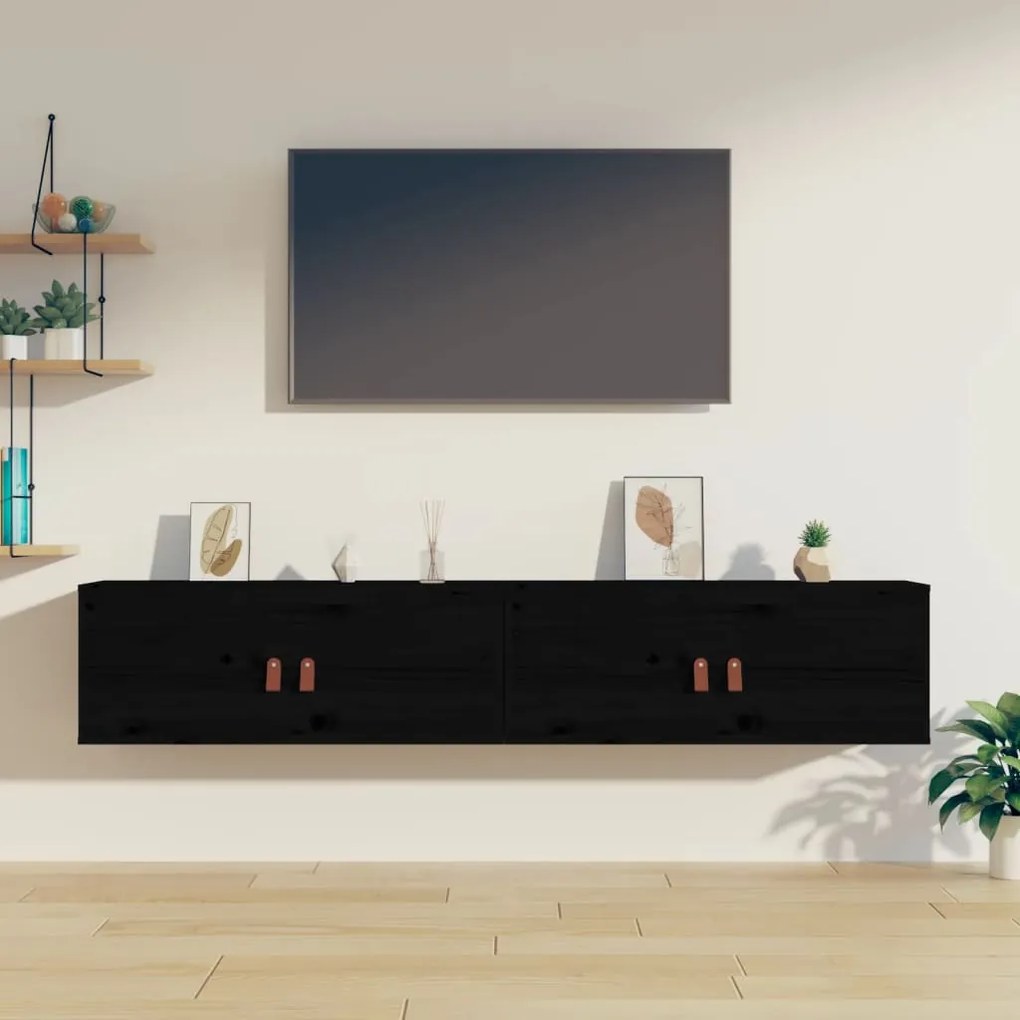 vidaXL Ντουλάπια Τοίχου 2 τεμ. Μαύρα 80x30x30εκ από Μασίφ Ξύλο Πεύκου