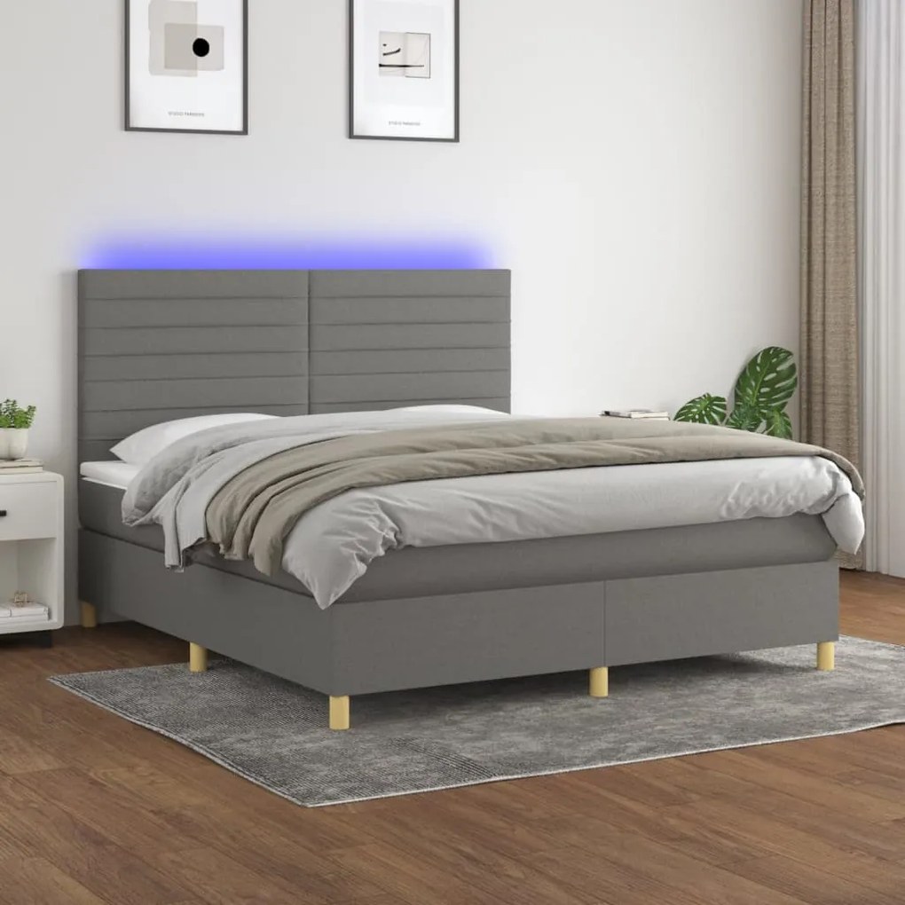 vidaXL Κρεβάτι Boxspring με Στρώμα &amp; LED Σκ.Γκρι 180x200 εκ Υφασμάτινο