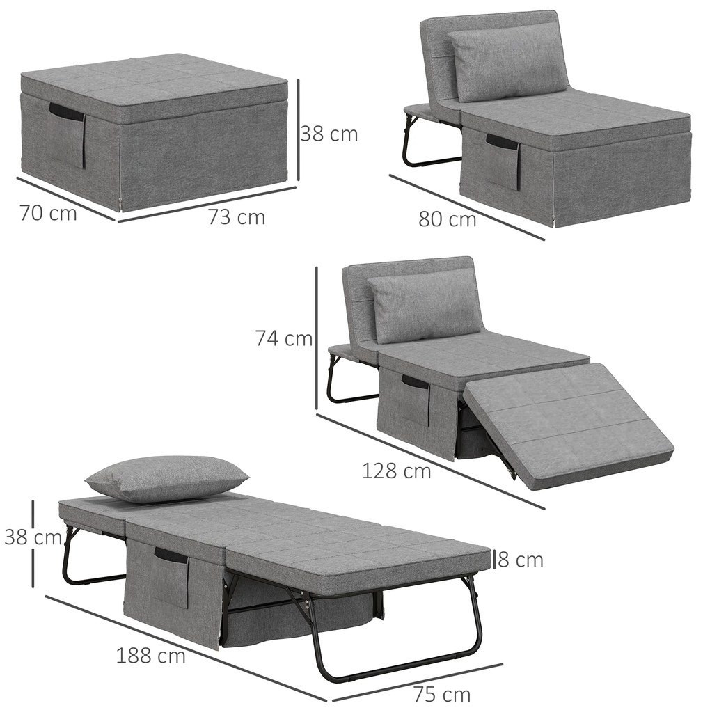 HOMCOM Κρεβάτι-καναπές 4-σε-1, κρεβάτι επισκεπτών, ρυθμιζόμενο ύψος, στρώμα, πλαϊνές τσέπες, μεταλλικό πλαίσιο, γκρι, 188 x 75 x 38 cm