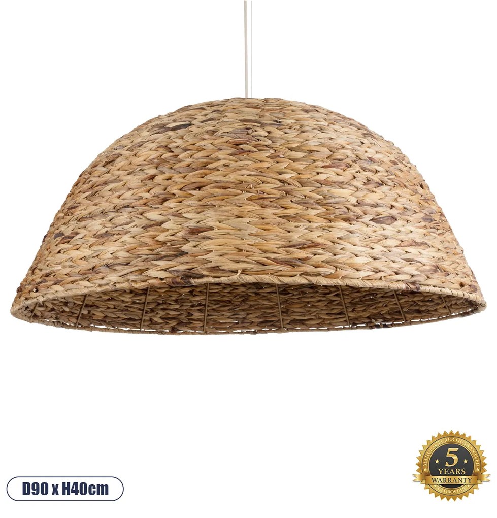 GloboStar® MANGATA 01848 Boho Κρεμαστό Φωτιστικό Οροφής Μονόφωτο 1 x E27 AC220-240V IP20 - Φ90 x Υ40cm - Καφέ Water Hyacinth - Υδρουάκινθος Πλέγμα Καμπάνα - 5 Χρόνια Εγγύηση