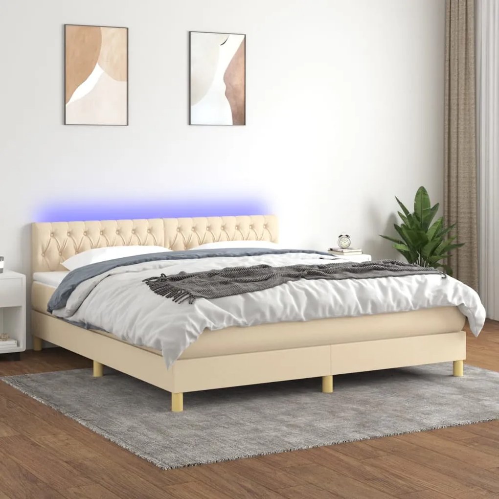 Κρεβάτι Boxspring με Στρώμα &amp; LED Κρεμ 180x200 εκ. Υφασμάτινο