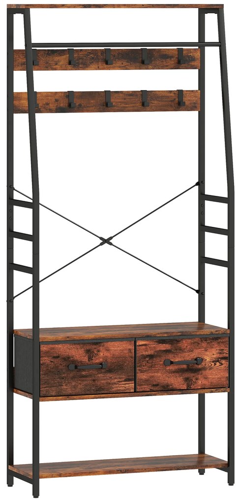 Κρεμάστρα HOMCOM με παπουτσοθήκη, βάση παλτών με πάγκο, 10 γάντζους, 2 υφασμάτινα συρτάρια, ράβδο ρούχων, μοριοσανίδα, μέταλλο, καφέ