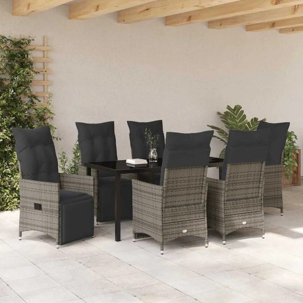 vidaXL Σέτ φαγητού για κήπο με μαξιλάρι 7 pcs Γκρι Πολυ ράταν