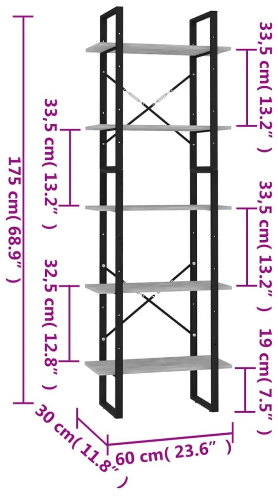 vidaXL Βιβλιοθήκη με 5 Ράφια Γκρι Σκυρ. 60 x 30 x 175 εκ. Επεξ. Ξύλο