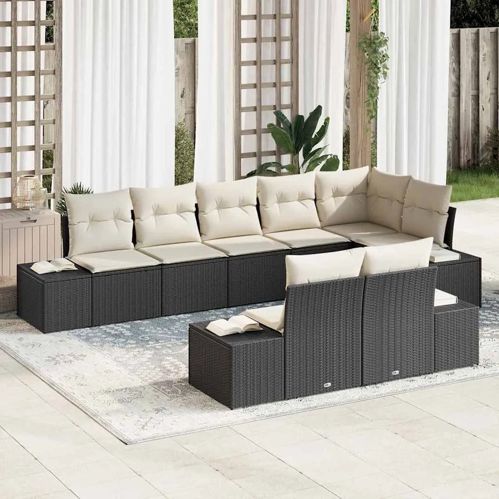 vidaXL Σετ Καναπέ Κήπου με μαξιλάρι 8 pcs Μαύρο και Κρεμ Πολυ ράταν
