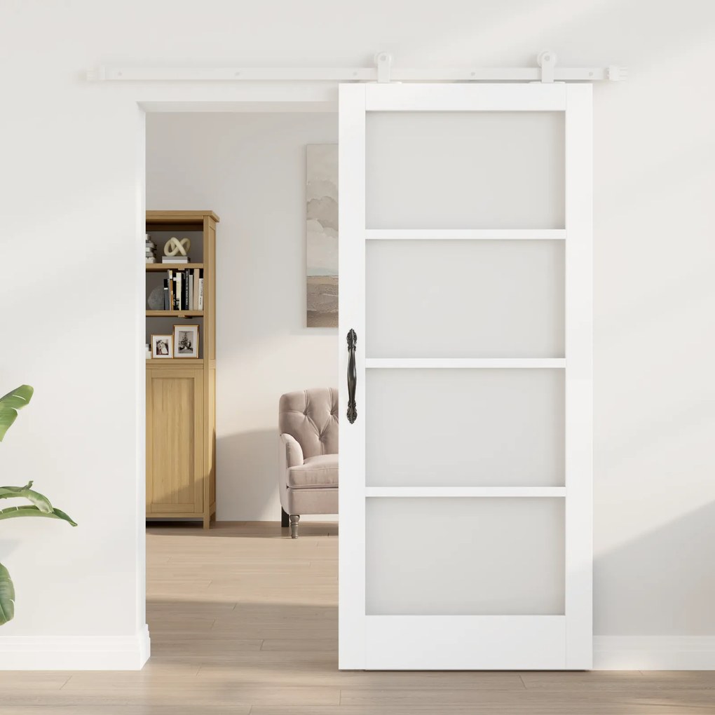 vidaXL Συρόμενη Πόρτα με Σετ Υλικών 'ORKDAL' Λευκή Μασίφ Ξύλο & Γυαλί